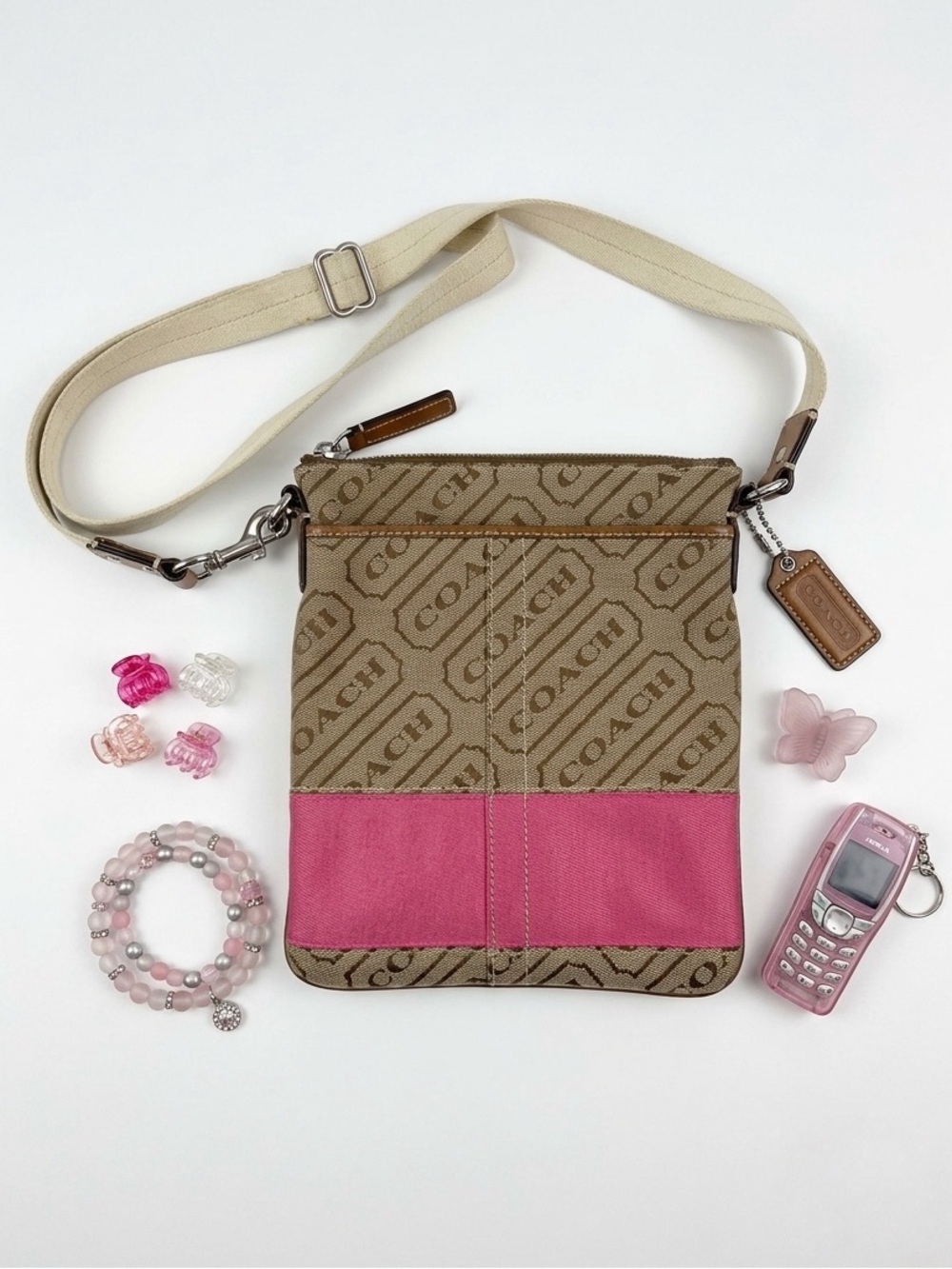 Vintage COACH Diagonal Op Art Madison Swingpack Crossbody – Pink & Khaki Y2K
